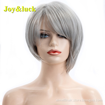 Wholesale Price Daily Or party Use Hair Wig For White Women Straight Silver Gray Wigs With Bangs Natural Short Bob Synthetic Wig